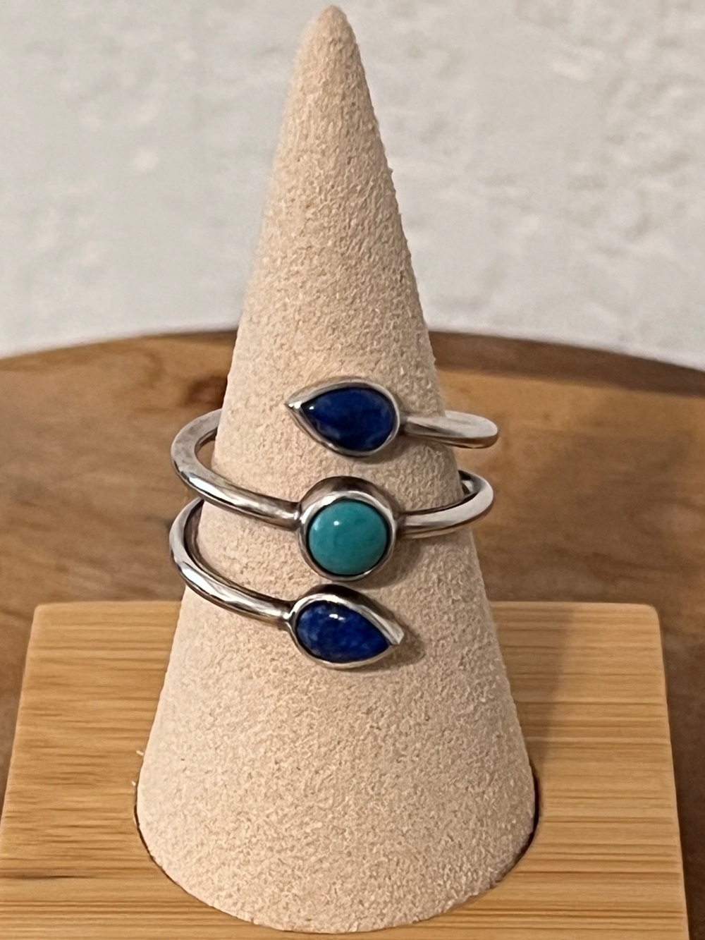 Vtg Whitney Kelly Sterling Silver Turquoise Lapis Triple Stone Wrap Ring Sz 9
